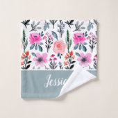 Sage Green Floral Pink Pattern Naam Bad Handdoek (Wasdoekje)