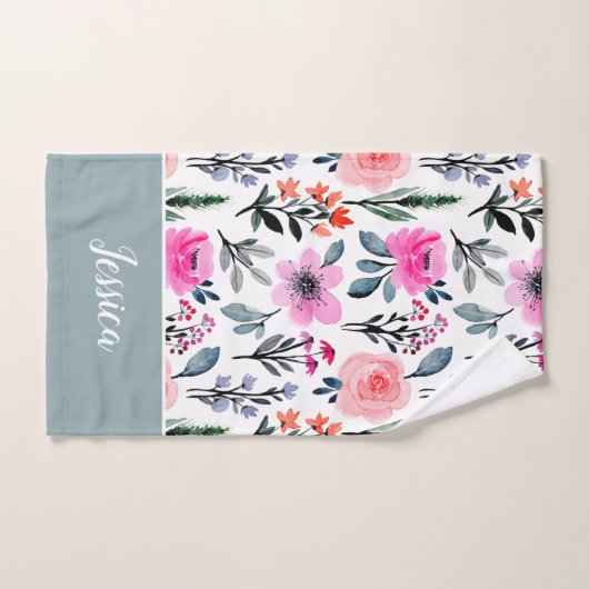 Sage Green Floral Pink Pattern Naam Bad Handdoek (Handdoek)