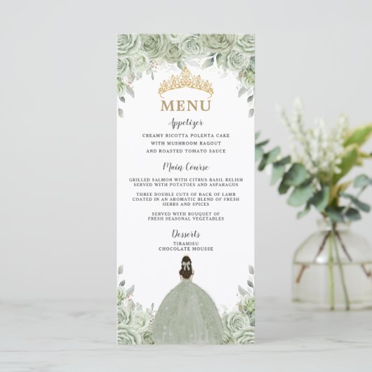 Sage Green Floral Princess Gold Quinceañera Menu (Staand voorkant)