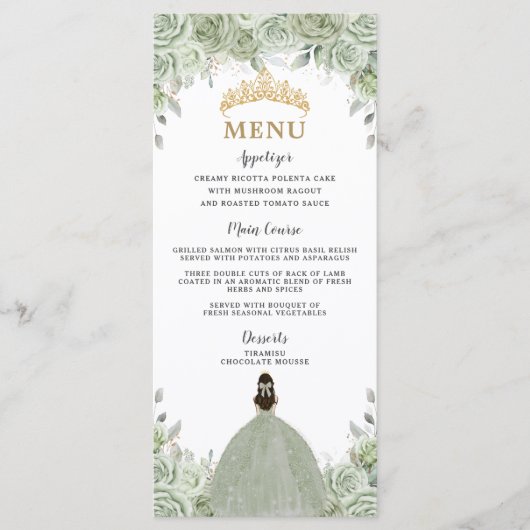 Sage Green Floral Princess Gold Quinceañera Menu (Voorkant)