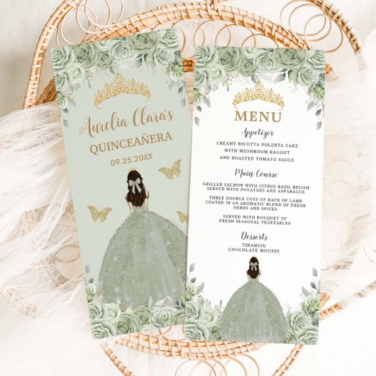 Sage Green Floral Princess Gold Quinceañera Menu