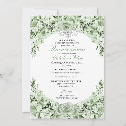 Sage Green Floral Quinceanera Birthday Kaart (Voorkant)
