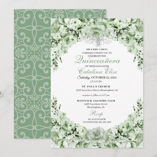 Sage Green Floral Quinceanera Birthday Kaart (Voorkant / Achterkant)
