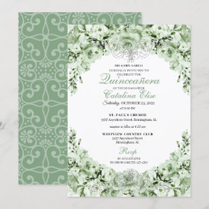 Sage Green Floral Quinceanera Birthday Kaart