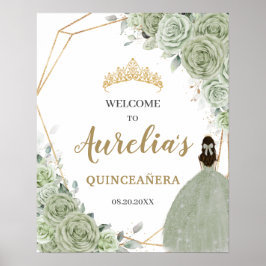 Sage Green Floral Quinceañera Geometric Welcome Poster