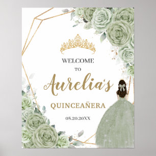 Sage Green Floral Quinceañera Geometric Welcome Poster