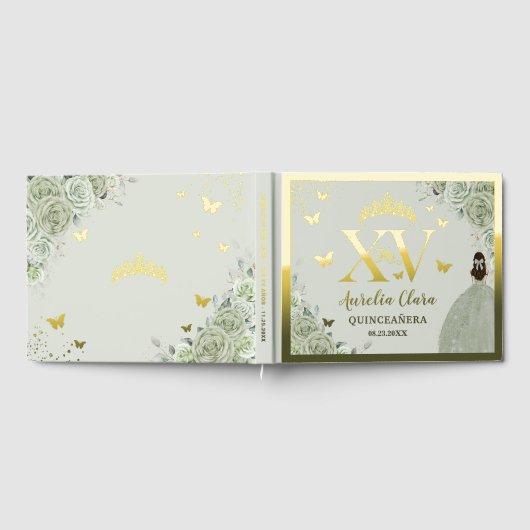 Sage Green Floral Quinceañera Quince 15 XV Gold Gastenboek (Volledig)