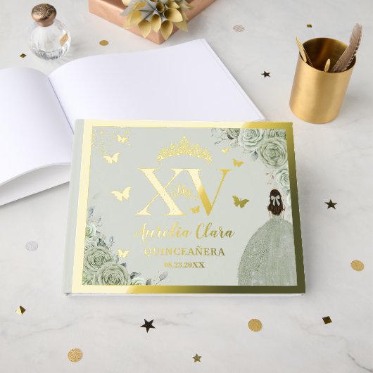 Sage Green Floral Quinceañera Quince 15 XV Gold Gastenboek (Voorkant open)