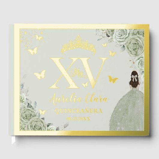 Sage Green Floral Quinceañera Quince 15 XV Gold Gastenboek (Voorkant)