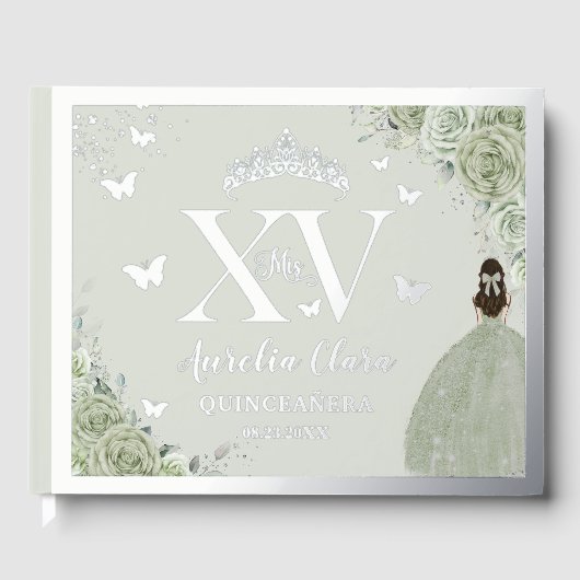 Sage Green Floral Quinceañera Quince 15 XV Zilver Gastenboek (Voorkant)