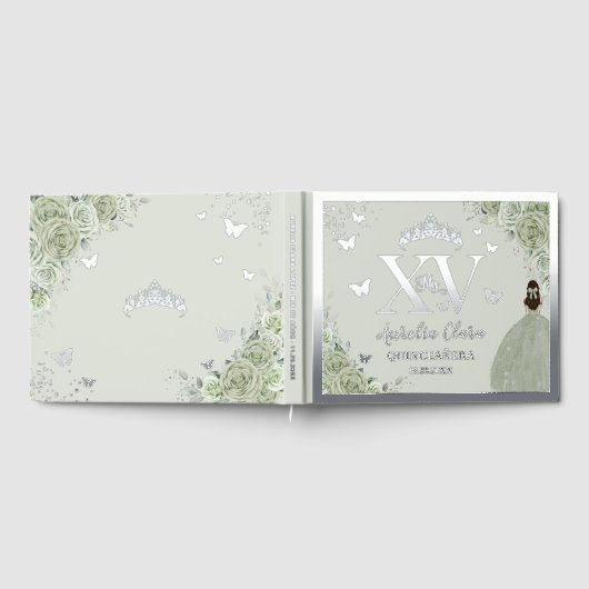 Sage Green Floral Quinceañera Quince 15 XV Zilver Gastenboek (Volledig)