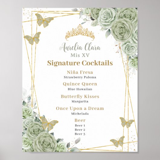 Sage Green Floral Quinceanera Signature Cocktails Poster (Voorkant)