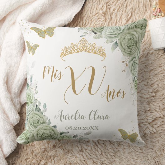 Sage Green Floral Quinceanera Verjaardag Vlinders Kussen (Deken)