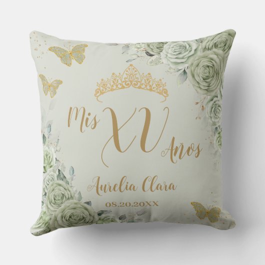 Sage Green Floral Quinceanera Verjaardag Vlinders Kussen (Achterkant)