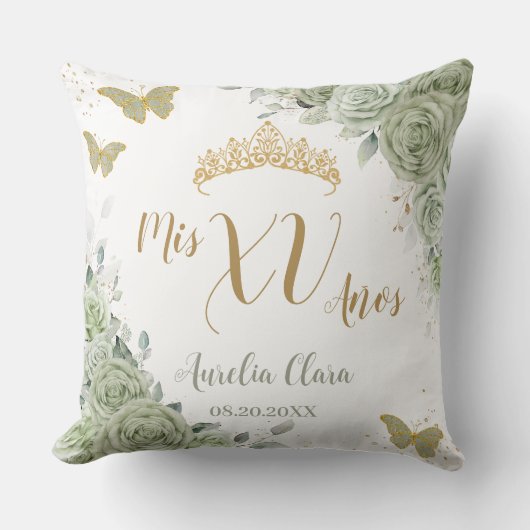 Sage Green Floral Quinceanera Verjaardag Vlinders Kussen (Voorkant)