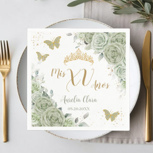 Sage Green Floral Quinceanera Verjaardag Vlinders Servet
