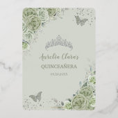 Sage Green Floral Quinceañera Vlinders Zilver Folie Uitnodiging (Achterkant)