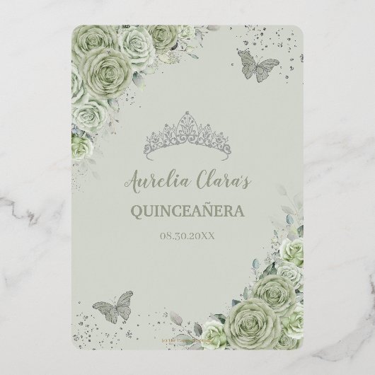 Sage Green Floral Quinceañera Vlinders Zilver Folie Uitnodiging (Achterkant)