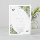 Sage Green Floral Quinceañera Vlinders Zilver Folie Uitnodiging (Staand Voorkant)