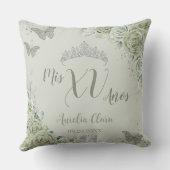 Sage Green Floral Quinceanera XV 15 Vlinders Kussen (Achterkant)