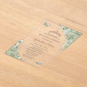 Sage Green Floral Roos Gold Quinceañera Verjaardag Acryl Uitnodigingen (Laagn)