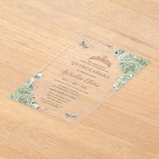 Sage Green Floral Roos Gold Quinceañera Verjaardag Acryl Uitnodigingen (Laagn)