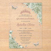 Sage Green Floral Roos Gold Quinceañera Verjaardag Acryl Uitnodigingen (Voorkant)