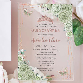 Sage Green Floral Roos Gold Quinceañera Verjaardag Acryl Uitnodigingen