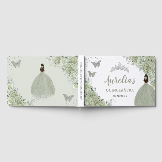 Sage Green Floral Roos Princess Silver Quinceañera Gastenboek (Volledig)