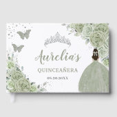 Sage Green Floral Roos Princess Silver Quinceañera Gastenboek (Voorkant)