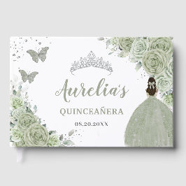 Sage Green Floral Roos Princess Silver Quinceañera Gastenboek