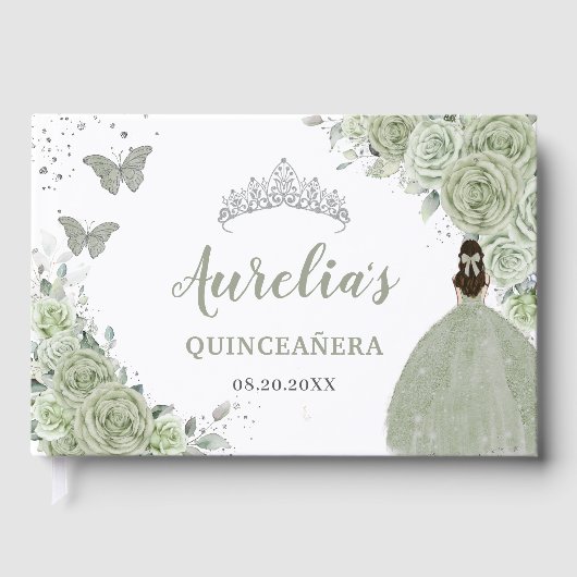 Sage Green Floral Roos Princess Silver Quinceañera Gastenboek (Voorkant)