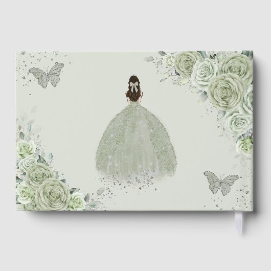 Sage Green Floral Roos Princess Silver Quinceañera Gastenboek (Achterkant)