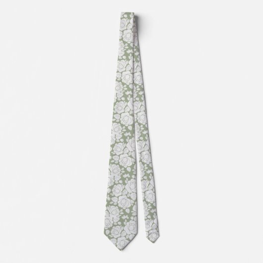 Sage Green Floral Roos Witte Stropdas (Voorkant)