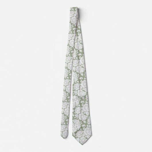 Sage Green Floral Roos Witte Stropdas (Achterkant)