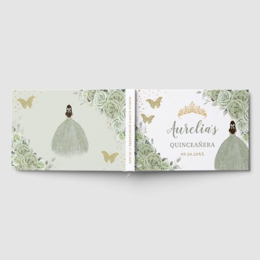 Sage Green Floral Rozen Princess Gold Quinceañera Gastenboek (Volledig)