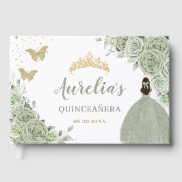 Sage Green Floral Rozen Princess Gold Quinceañera Gastenboek