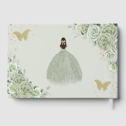 Sage Green Floral Rozen Princess Gold Quinceañera Gastenboek (Achterkant)