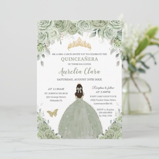 Sage Green Floral Rozen Princess Gold Quinceañera Kaart (Staand voorkant)