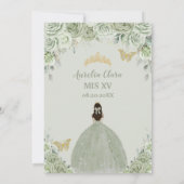 Sage Green Floral Rozen Princess Gold Quinceañera Kaart (Achterkant)