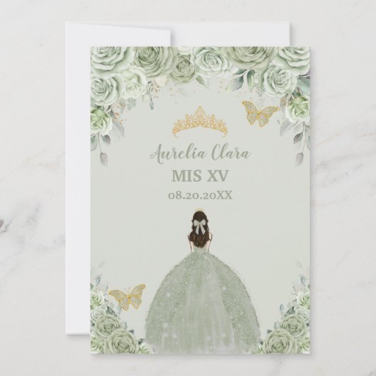 Sage Green Floral Rozen Princess Gold Quinceañera Kaart (Achterkant)
