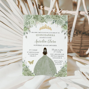 Sage Green Floral Rozen Princess Gold Quinceañera Kaart