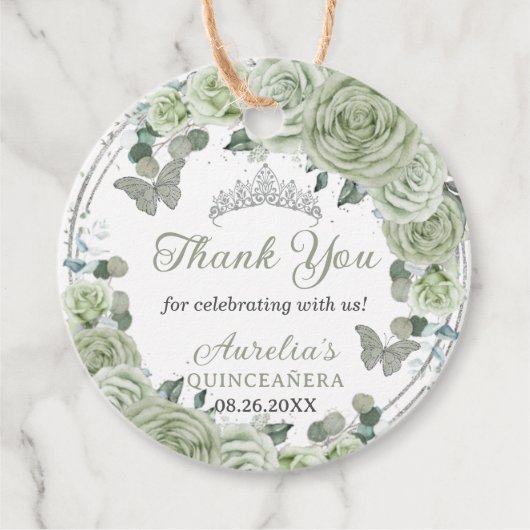 Sage Green Floral Rozen Silver Tiara Butterflies Bedankjes Labels (Voorkant)