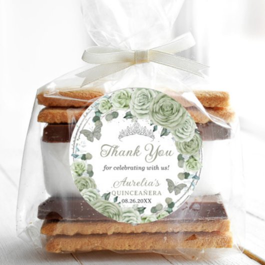 Sage Green Floral Rozen Silver Tiara Butterflies Ronde Sticker