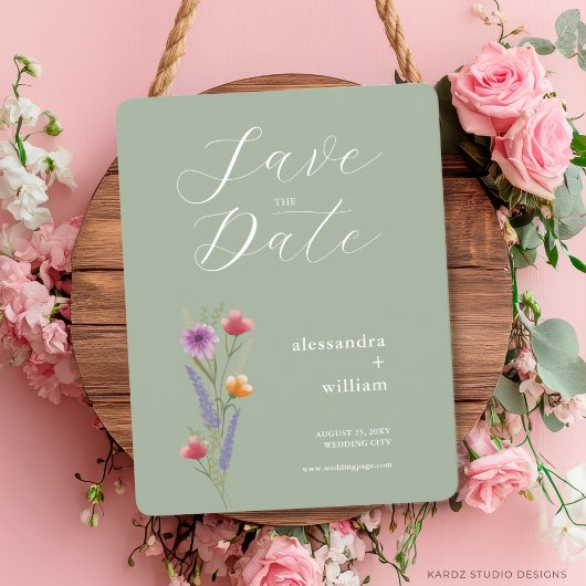 Sage Green Floral Save the Date Kaart