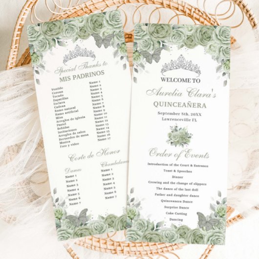 Sage Green Floral Silver Quinceañera Bestellen Eve Programmakaart