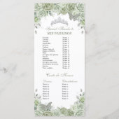 Sage Green Floral Silver Quinceañera Bestellen Eve Programmakaart (Achterkant)