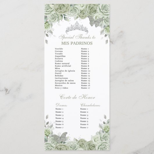 Sage Green Floral Silver Quinceañera Bestellen Eve Programmakaart (Achterkant)