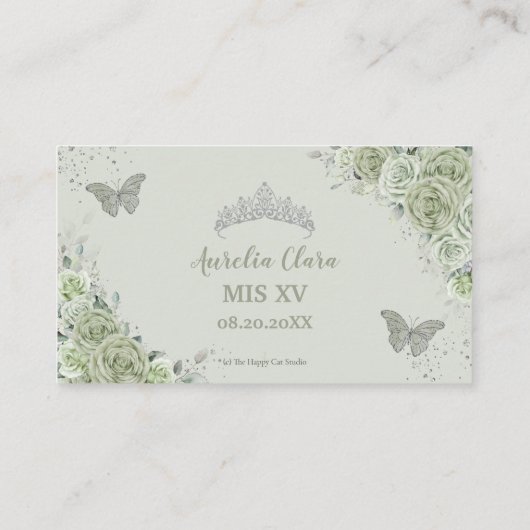 Sage Green Floral Silver Quinceañera Reception Informatiekaartje (Achterkant)