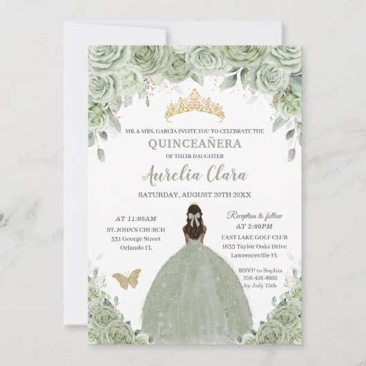 Sage Green Floral Tan Brown Princess Quinceañera Kaart (Voorkant)